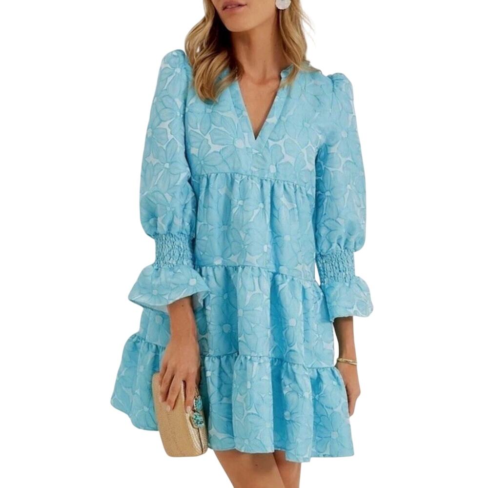 Tuckernuck Pomander Place Blue Daisy Jacquard Kenzo Ruffle Tiered Dress S - Picture 2 of 11